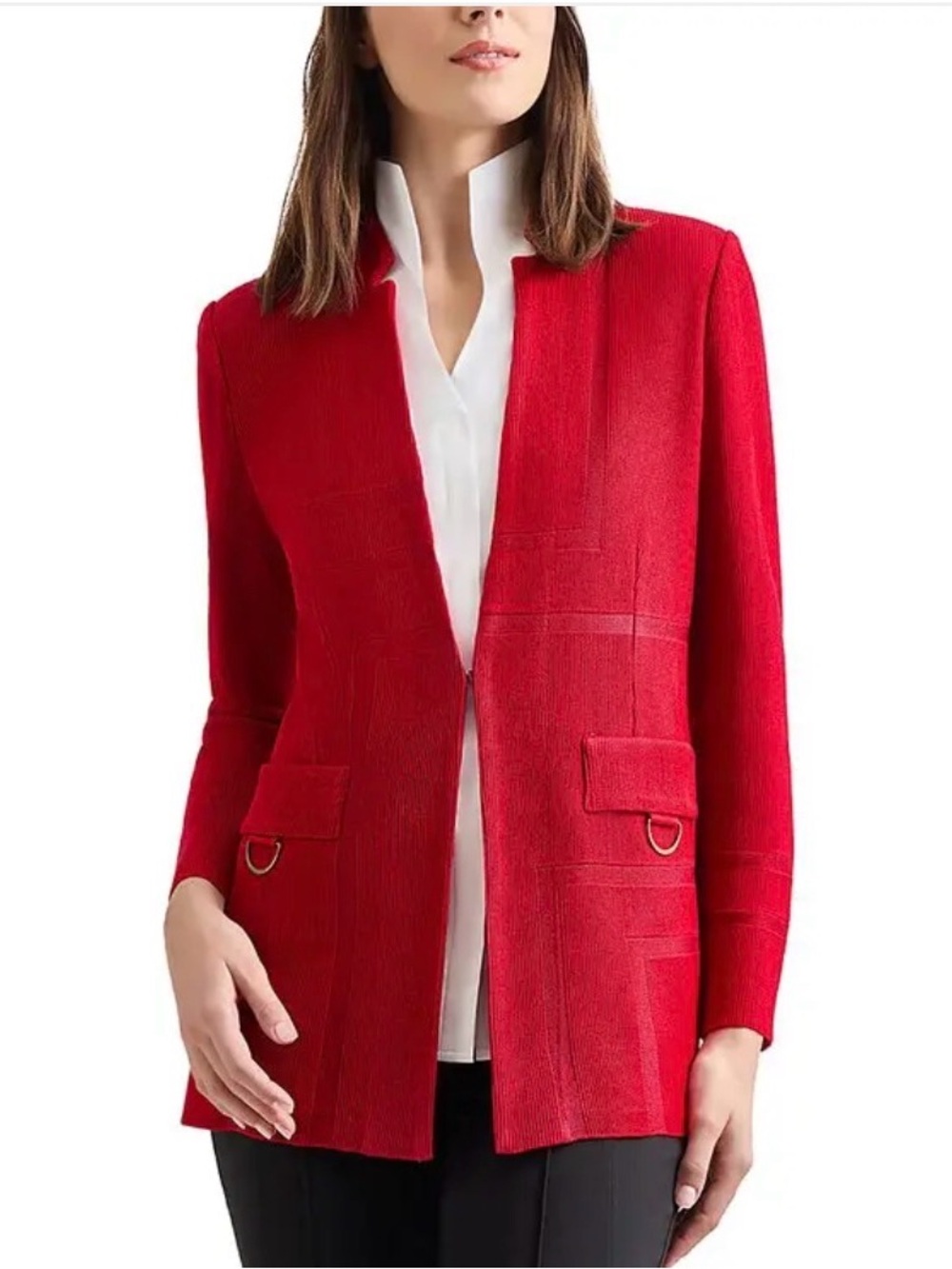 Misook Bright Red Open-Front Knit Blazer